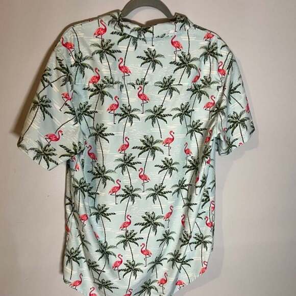 Brother Threads Shirt Adult Large Blue Palm Pink Flamingo Print Button Up Poly - Picture 2 of 3